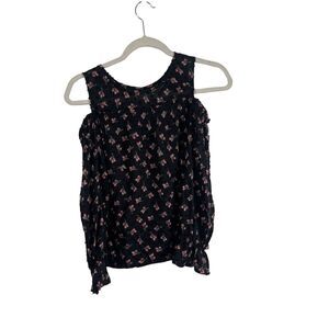 Ella Moss Black Floral Cold Shoulder Long Sleeve Blouse Girls 12